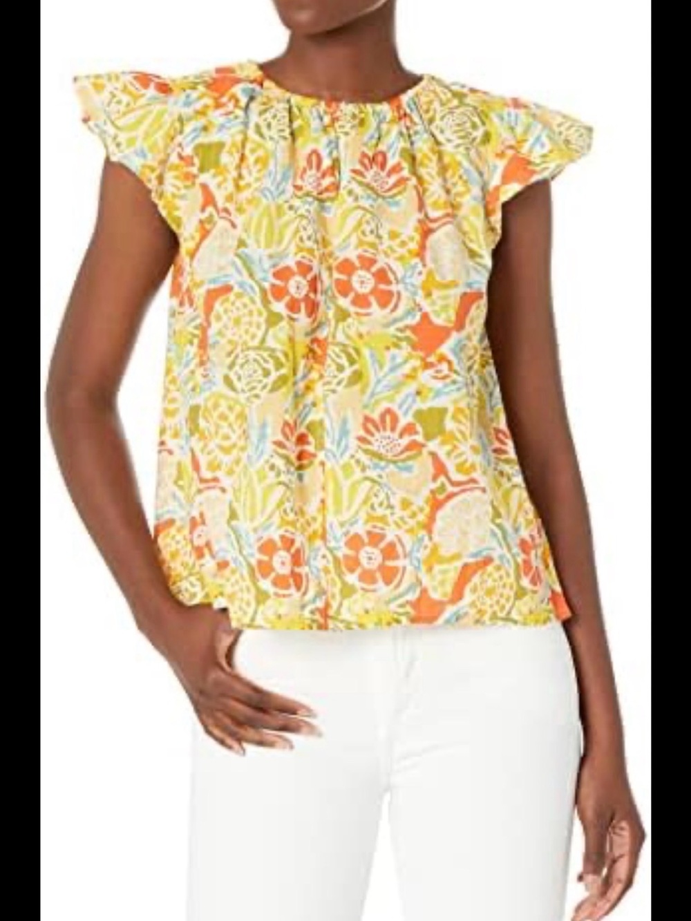Velvet by Graham & Spencer Yellow & Orange Floral Flutter-Sleeve Blouse